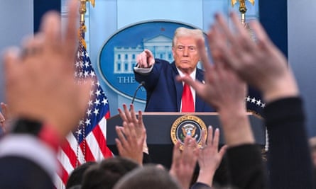 President Donald Trump takes questions during a briefing about the mid-air crash between American Airlines flight 5342 and a military helicopter in Washington, in the Brady Press Briefing Room at the White House on January 30, 2025 in Washington, DC.