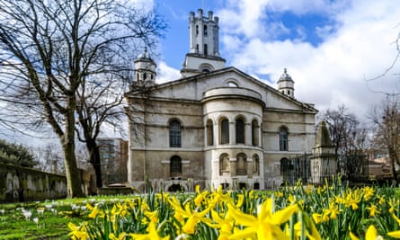 St George-in-the-East church viewed from across a green space with bright yellow daffodils in the foreground; the sky is blue with white clouds behind it. The church is a large, pale stone building, grand but quite austere-looking. 