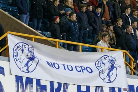 Millwall fans with a banner saying “No to CPO”, meaning compulsory purchase order