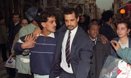 Two of the Cardiff Three, Yusef Abdullahi (left) and Tony Paris, in 1992, freed after being wrongfully convicted of the murder of Lynette White in 1988.