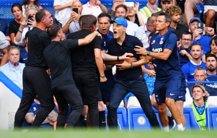 Chelsea manager Thomas Tuchel and Tottenham manager Antonio Conte clash after the 1-1 draw in 2022