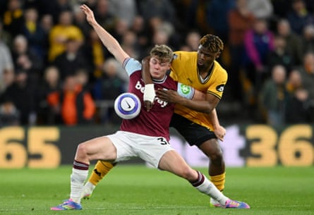 Evan Ferguson attempts to shield the ball from Wolves’ Emmanuel Agbadou during his last outing for West Ham