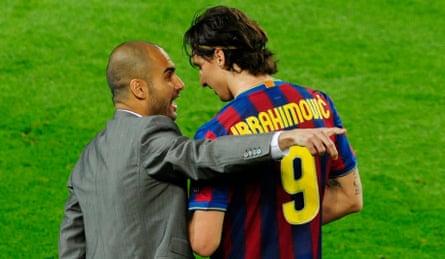 Pep Guardiola has an animated exchange with Zlatan Ibrahimovic at the Camp Nou