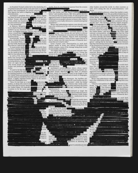 Illustration of Donald Trump made up of black lines on a page of text to look like redacted words in an article