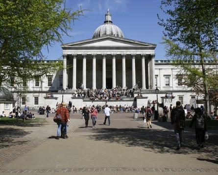 The main building of University College London, a large white building with columns across the facade and a large white dome, with dozens of people walking or sitting in the foreground