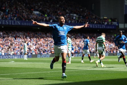 Cyriel Dessers celebrates after scoring the opener against Celtic