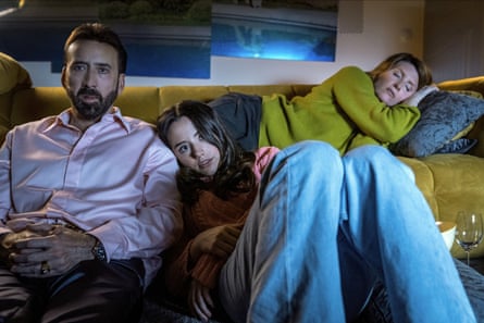 Cage as Nick Cage, with Lily Mo Sheen and Sharon Horgan in The Unbearable Weight of Massive Talent, 2022, directed by Tom Gormican.