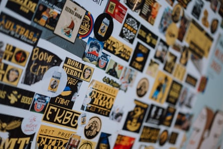 Bodø/Glimt fan stickers in Bådin where the J-Feltet supporters group meet up pre-match.